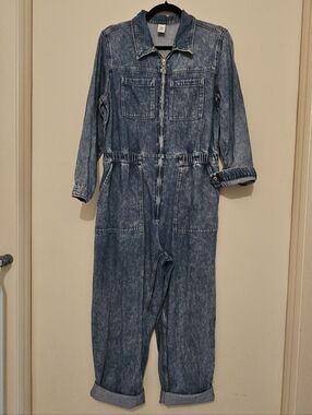 H&M & Denim Eco Conscious Collection Zip Front Acid Wash Boiler Jumpsuit Sz 10